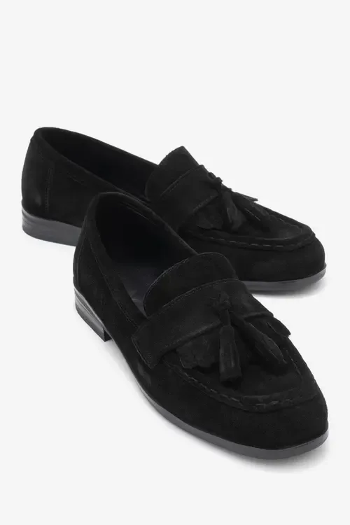 Lupen Leather Tassel Loafer in Black Suede by Forever & Always Shoes