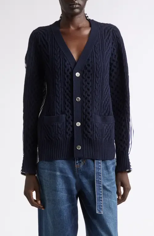 Mixed Media Wool Cable & Poplin Shirt Cardigan by Sacai