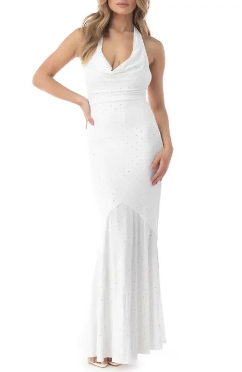 Rhinestone Open Back Halter Gown by Sky