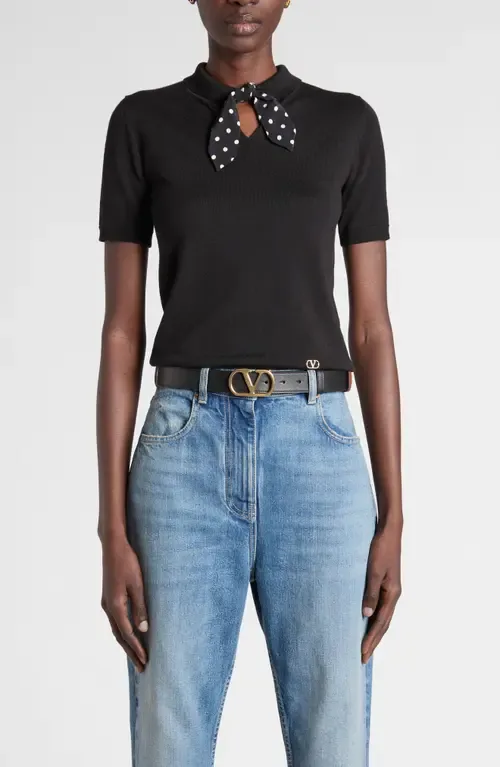 Short Sleeve Wool Blend Sweater with Polka Dot Silk Pussybow by Valentino Garavani