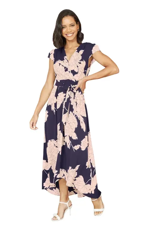 Blossom Print Dipped Hem Wrap Midi Dress by Yumi