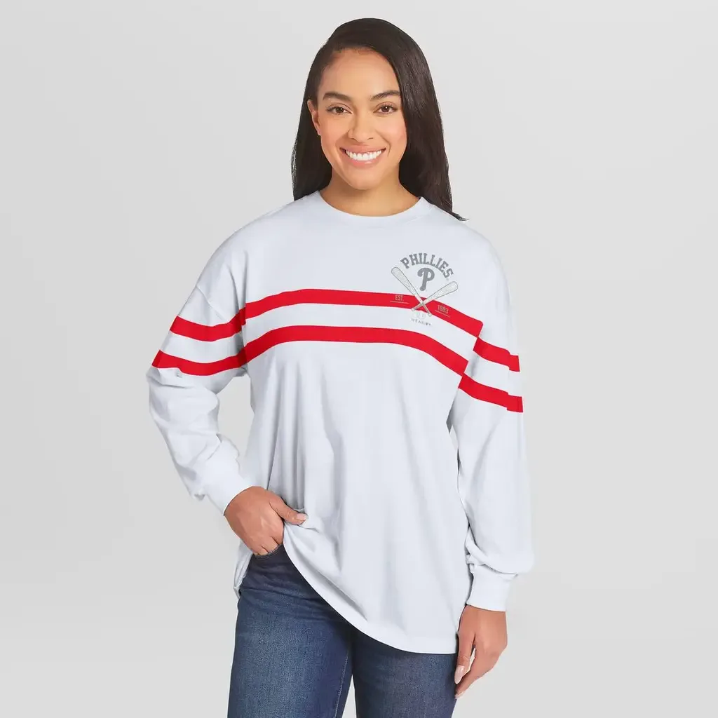 WEAR by Erin Andrews White Philadelphia Phillies Oversized Long Sleeve Striped T-Shirt by WEAR by Erin Andrews