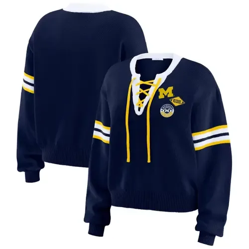 WEAR by Erin Andrews Navy Michigan Wolverines Lace-Up Pullover Sweater by WEAR by Erin Andrews