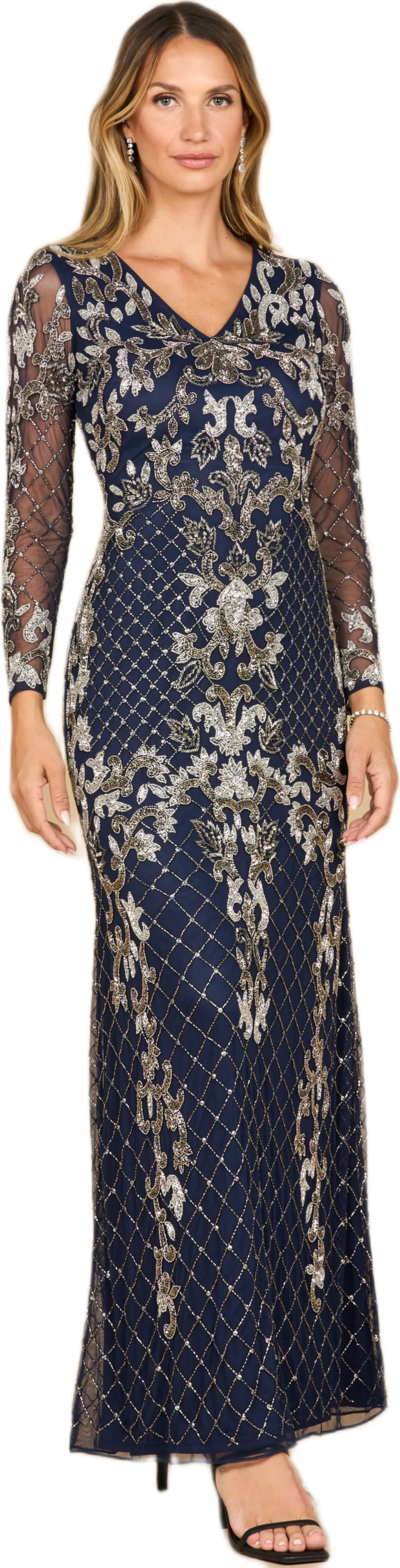 Long Sleeve Contrast Beaded Gown