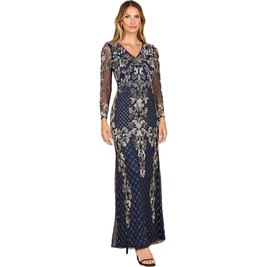 Long Sleeve Contrast Beaded Gown by LARA New York