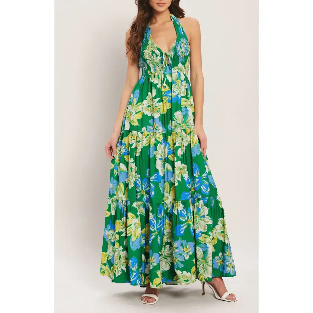 Floral Halter Neck Maxi Dress by FLYING TOMATO
