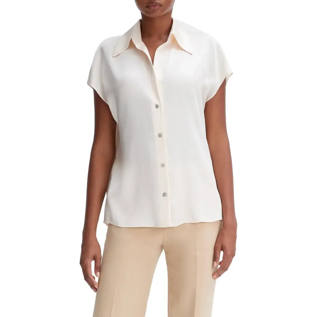 Cap Sleeve Gathered Back Short Sleeve Silk Button-Up Shirt by Vince