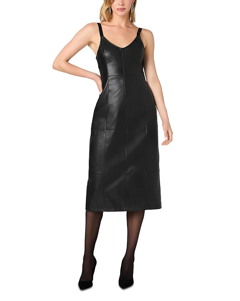 Dessa Faux Leather V Neck Dress by French Connection