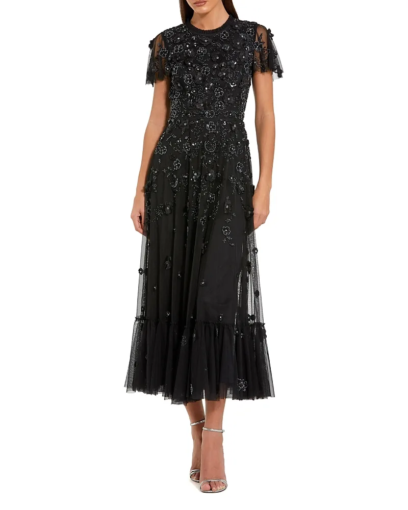 Mac Duggal Embellished High Neck Flutter Sleeve a Line Dress by M.A.C.