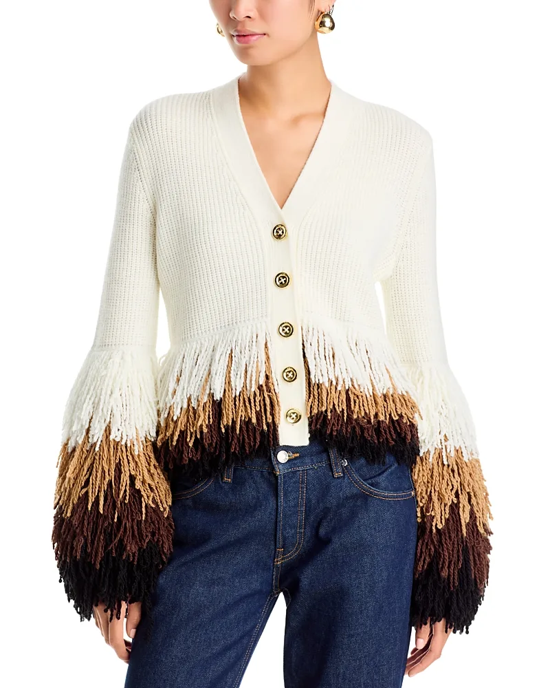 Fringe Trim Loop Stitch Shaped Cardigan by Sonia Rykiel