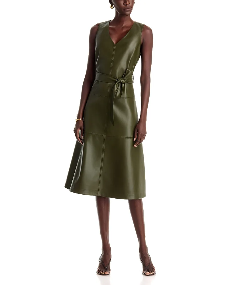 T Tahari Faux Leather V Neck Midi Dress by Tahari
