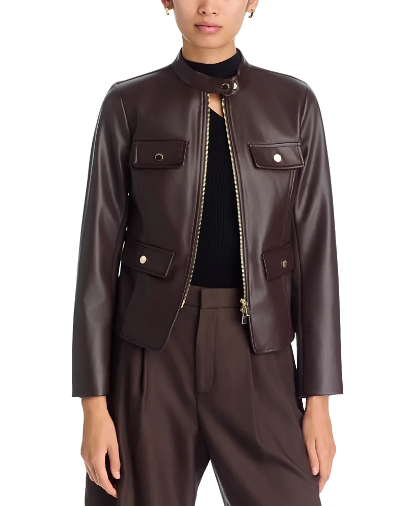 T Tahari Faux Leather Mixed Media Zip Front Jacket by Tahari