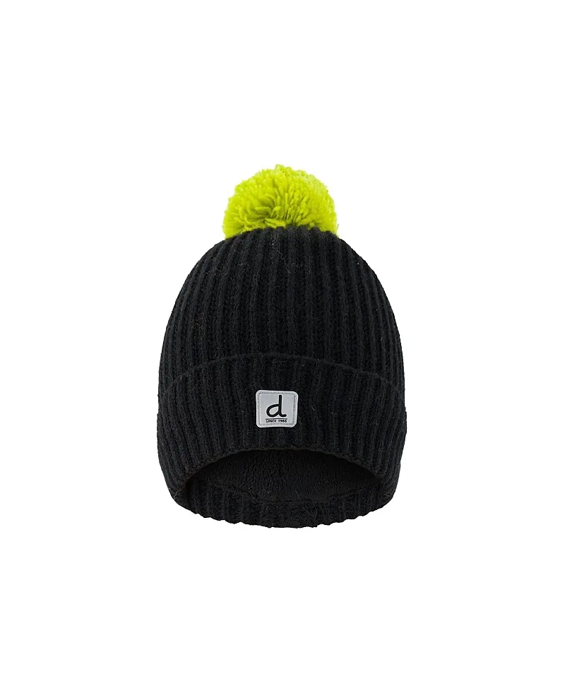 Winter Ribbed Cuff Logo Patch Knit Hat with Pompom by Deux Par Deux