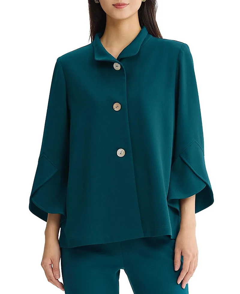 Button Front Bell Sleeve Deco Crepe Jacket by Ming Wang