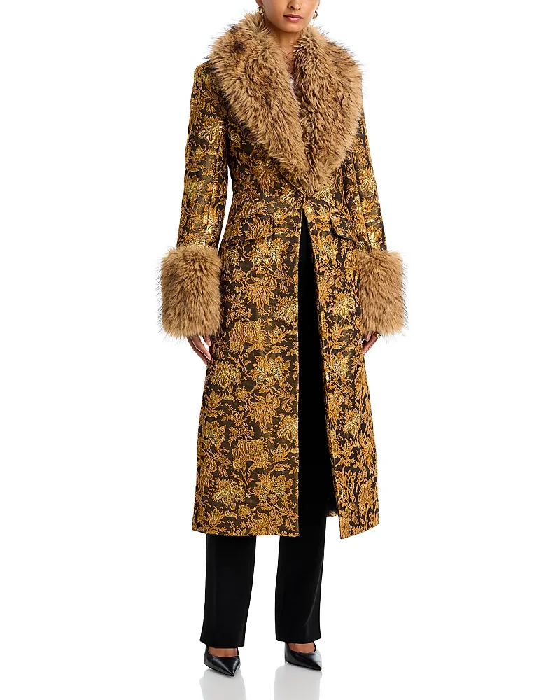 Ivella Faux Fur Trim Jacquard Coat by Cinq a Sept