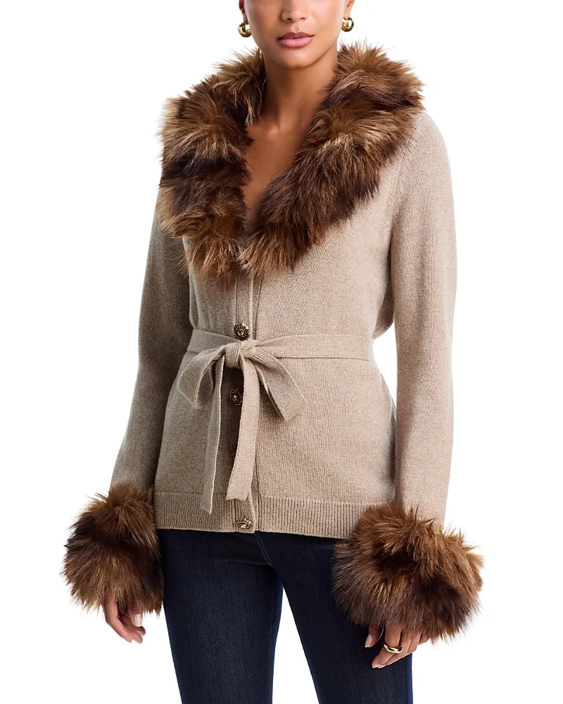 Sandy Wool Blend Faux Fur Trim Cardigan