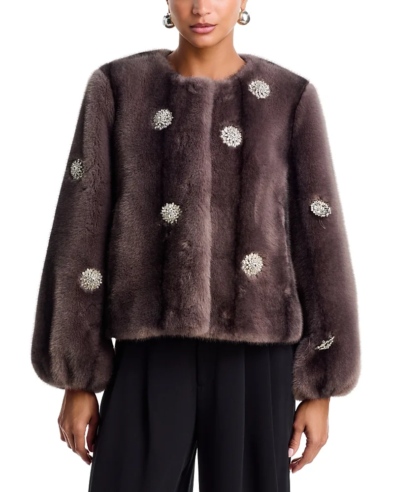 Pearl Drop Rhinestone Embellished Faux Fur Coat by Cinq a Sept