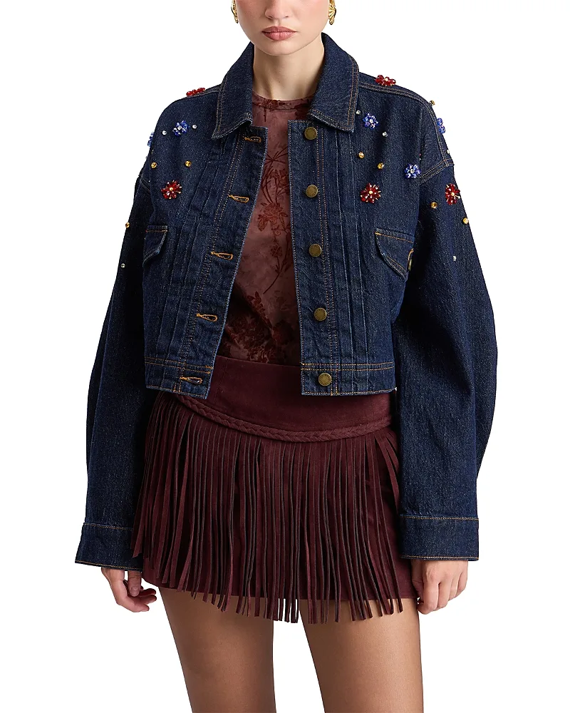 Rhinestone Embellished Cropped Denim Trucker Jacket by Avec Les Filles