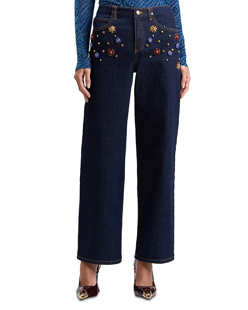 Rhinestone Embellished High Rise Wide Leg Jeans by Avec Les Filles