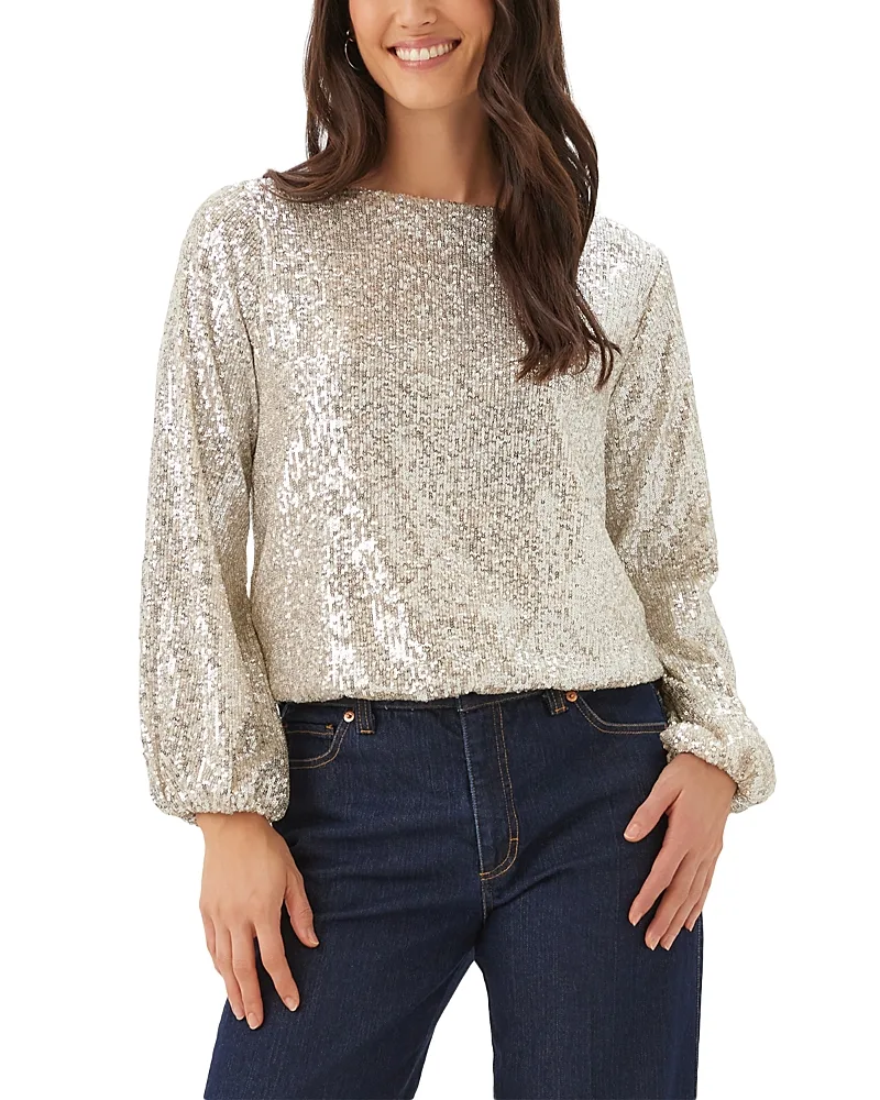 Boat Neck Blouson Sleeve Sequin Top by Karen Kane