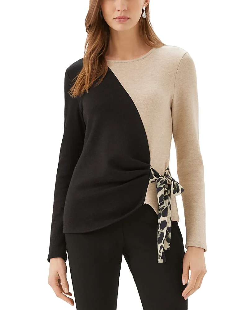 Colorblock Long Sleeve Satin Bow Top by Karen Kane