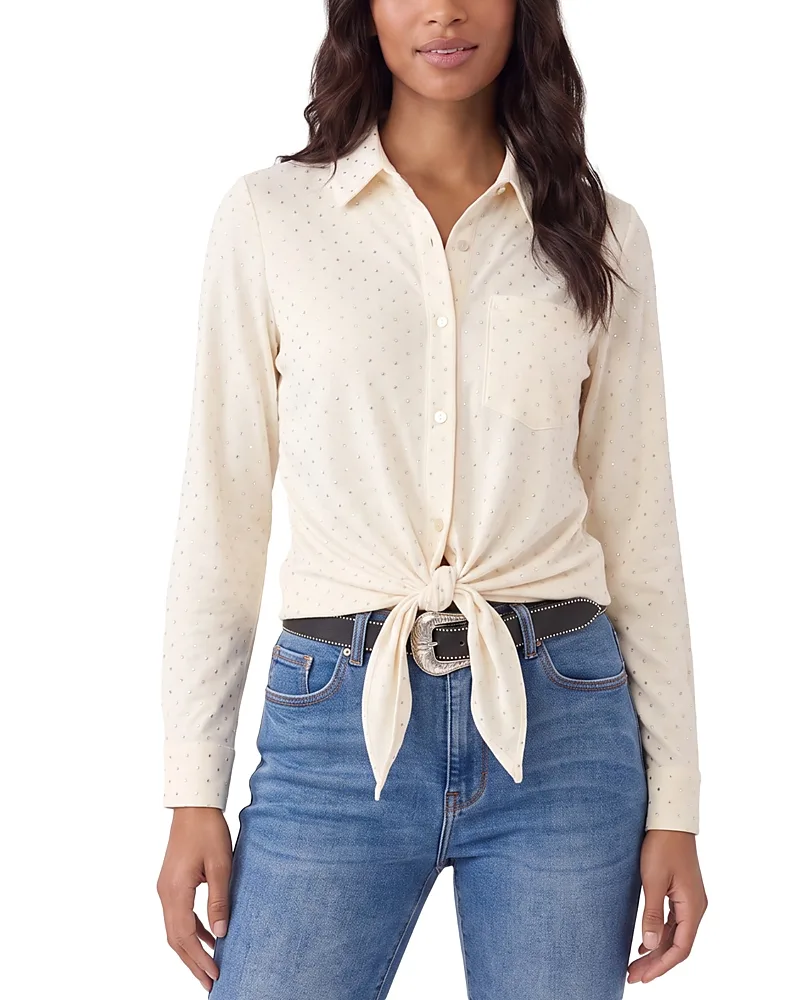 Faux Suede Long Sleeve Embellished Tie Front Shirt by Karen Kane