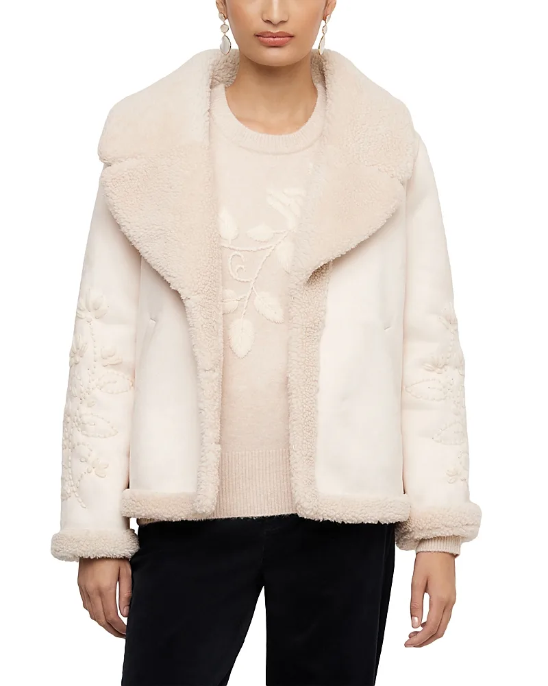 Faux Suede Embroidered Sleeve Shearling Coat