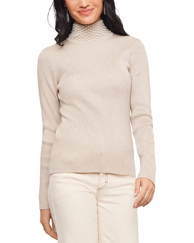 Faux Pearl Embellished Turtleneck Ribbed Sweater by Karen Kane