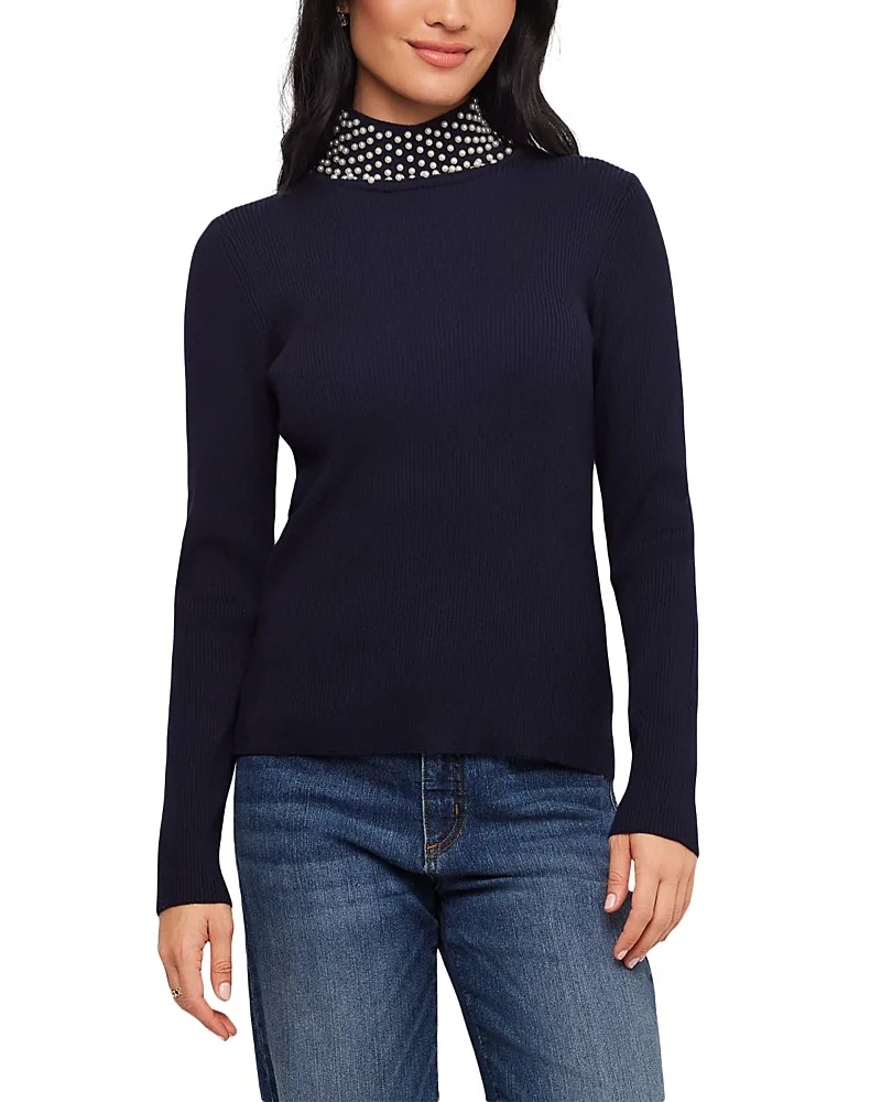 Faux Pearl Embellished Turtleneck Ribbed Sweater