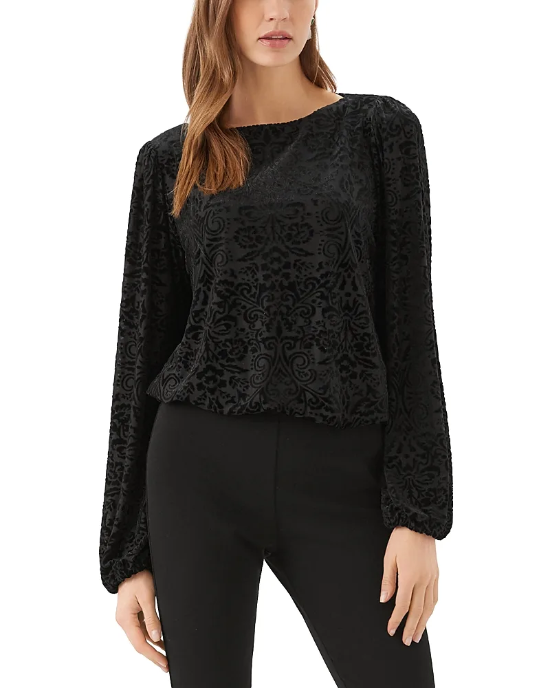 Velvet Burnout Boat Neck Blouson Sleeve Top
