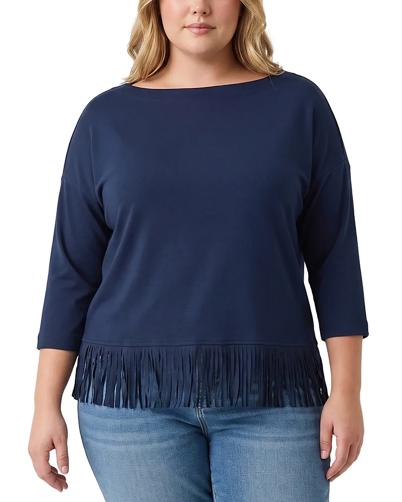 Three Quarter Sleeve Fringe Trim Boat Neck Top by Karen Kane