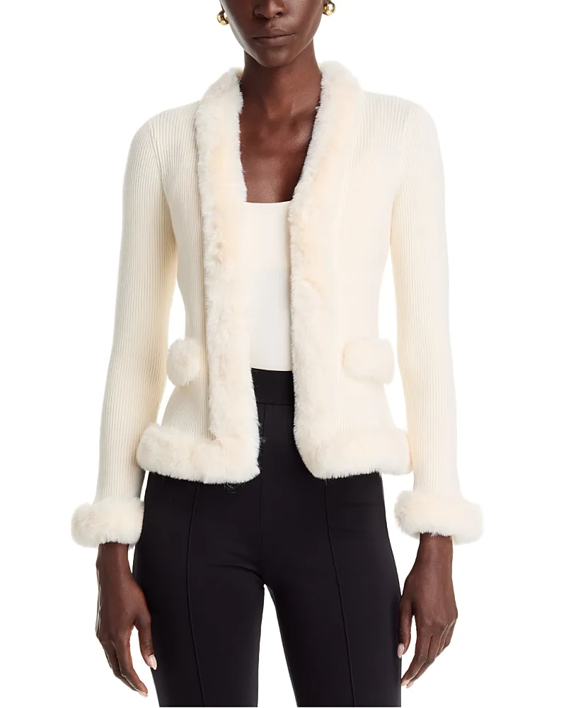 T Tahari Faux Fur Trim V Neck Cardigan by Tahari