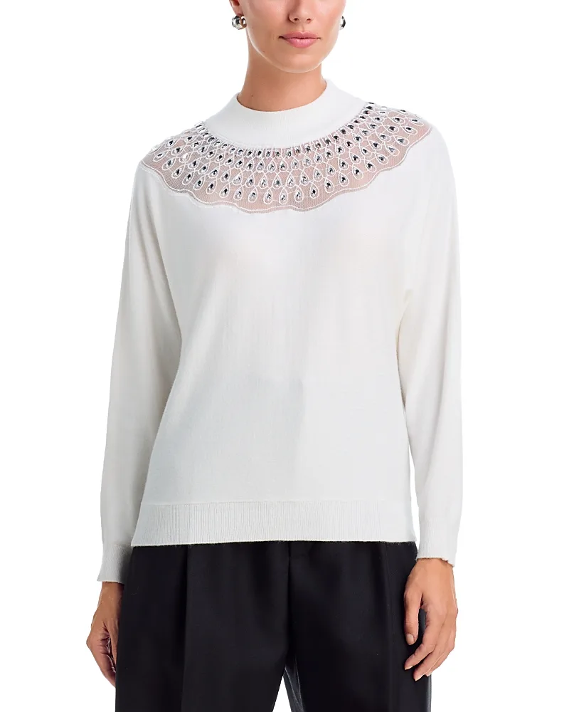 T Tahari Crystal Embellished Yoke Mock Neck Sweater by Tahari