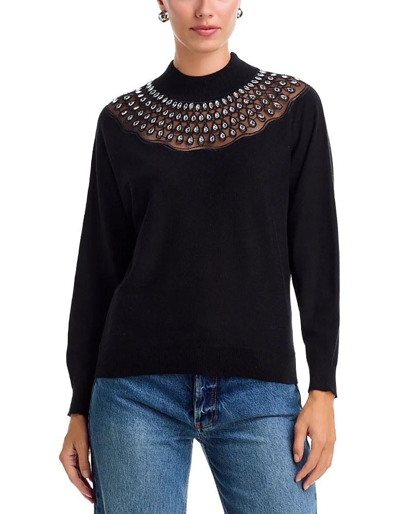 T Tahari Crystal Embellished Yoke Mock Neck Sweater