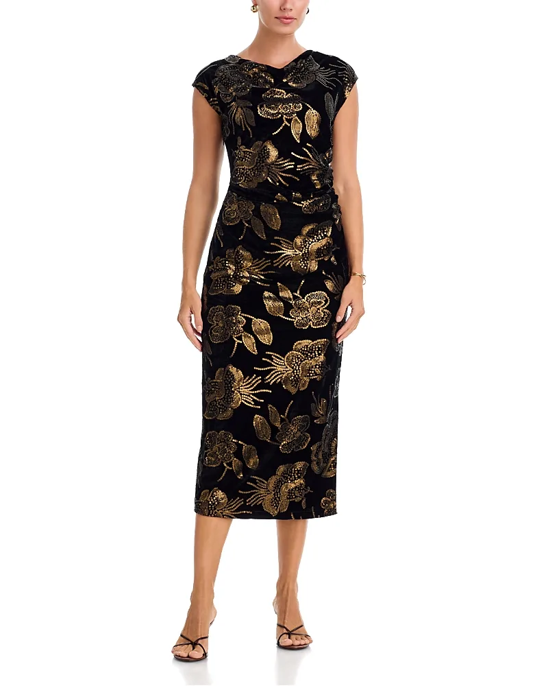 T Tahari Cowl Neck Draped Sequin Midi Dress