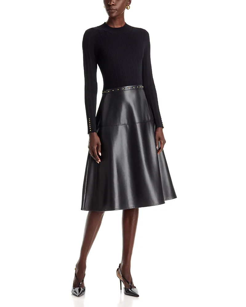 T Tahari Mock Neck Mixed Media Studded Dress by Tahari