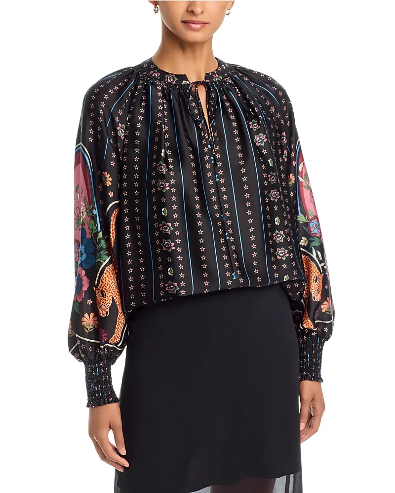 T Tahari Split Neck Smocked Trim Blouse by Tahari