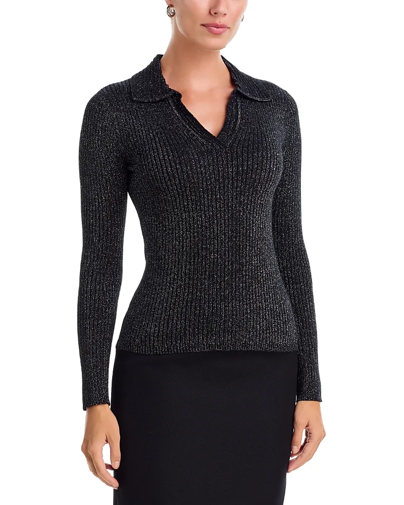T Tahari Lurex Rib Long Sleeve Polo Sweater by Tahari