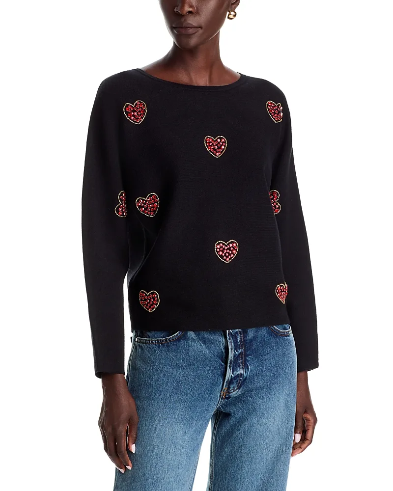 T Tahari Crystal Embellished Hearts Crewneck Sweater by Tahari