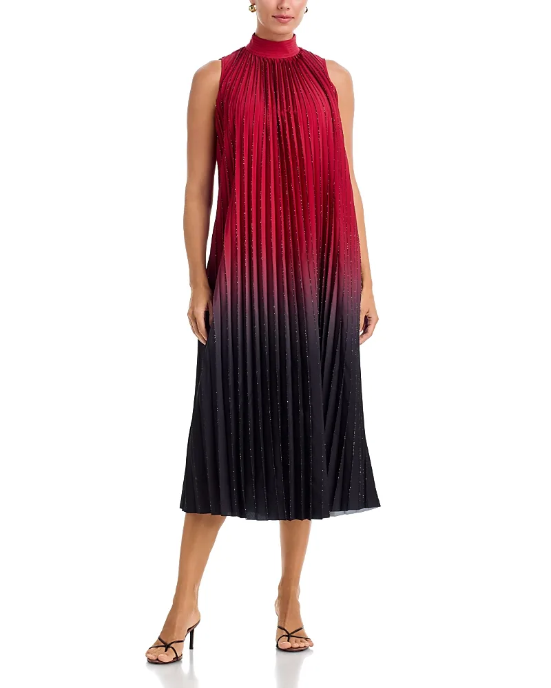 T Tahari Mock Neck Pleated Sleeveless Dress
