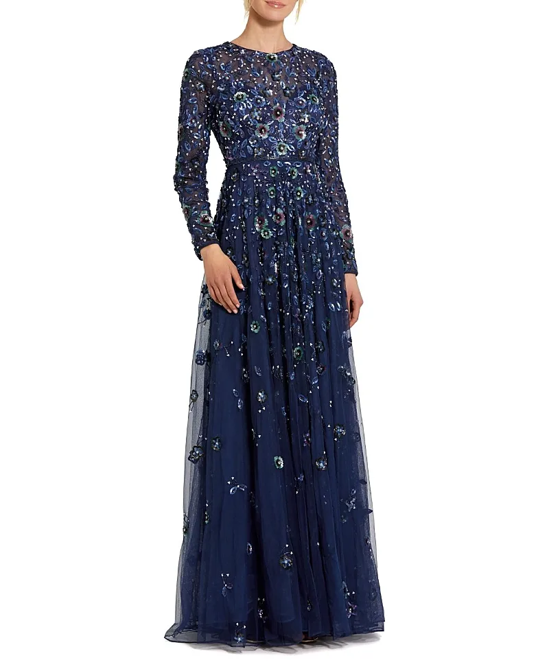 Mac Duggal Embellished High Neck Long Sleeve A-Line Gown