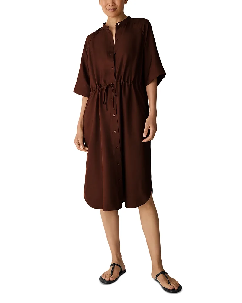 Silk Mandarin Collar Drawstring Waist Dress by Eileen Fisher