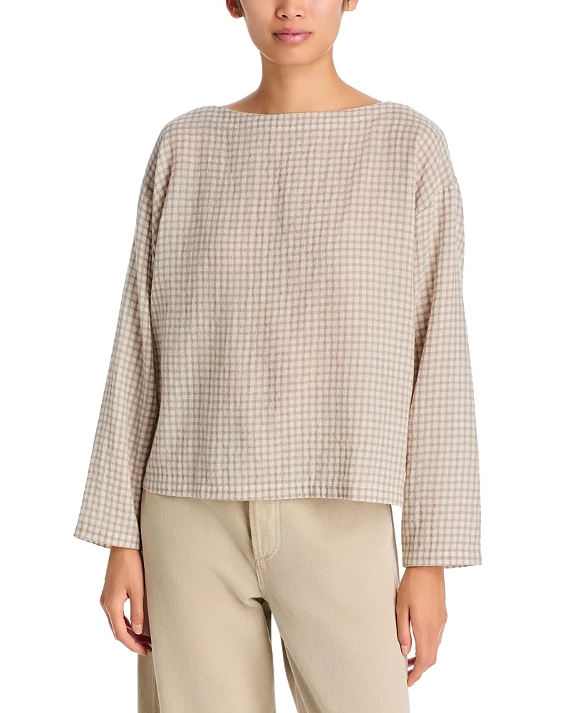 Wool Cotton Check Bateau Neck Boxy Top by Eileen Fisher