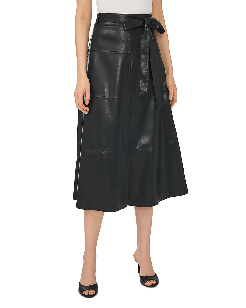 Faux Leather Tie Waist Midi Skirt