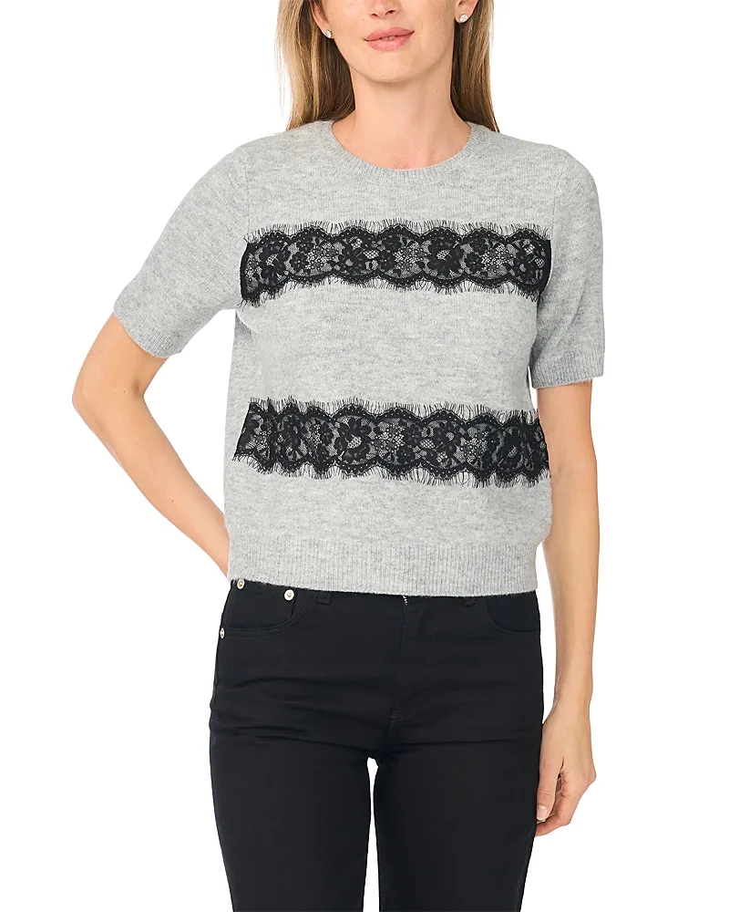 Lace Panel Short Sleeve Sweater by CeCe