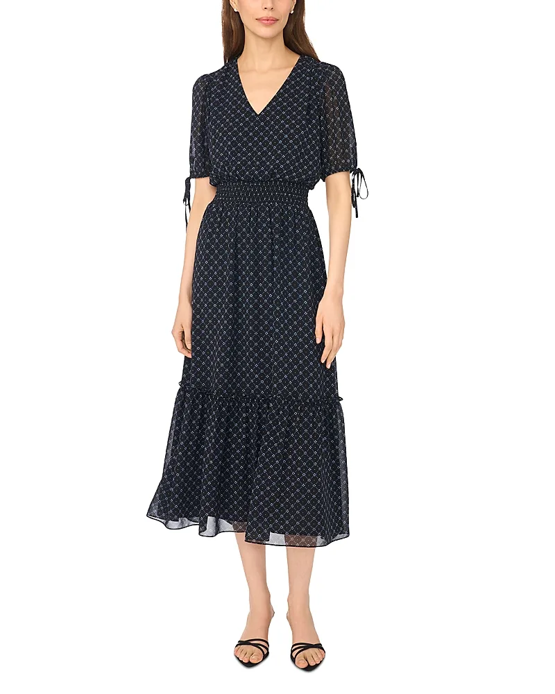 V Neck Tie Sleeve Midi Dress
