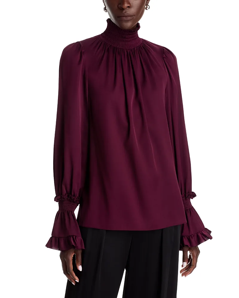 Maxine Silk Blend Smocked Trim Blouse