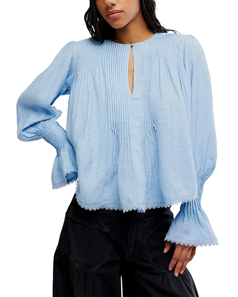 Thousand Pintucks Lace Trim Blouse