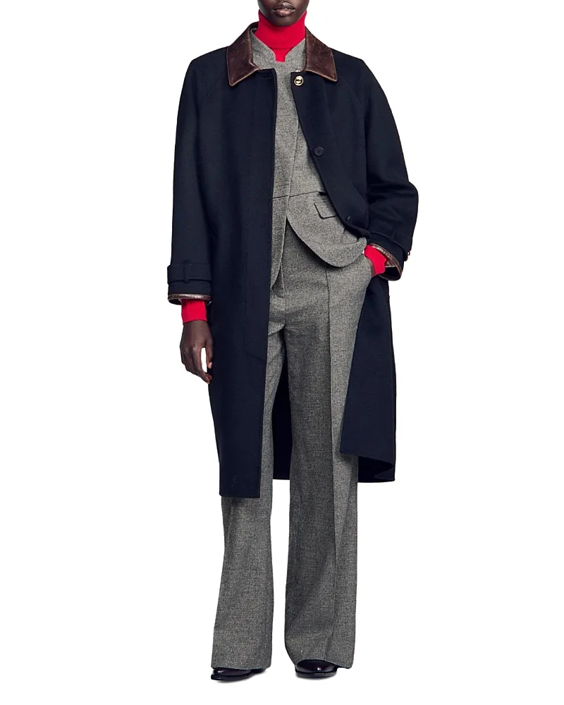 Kennedy Wool Leather Trim Coat by Sandro
