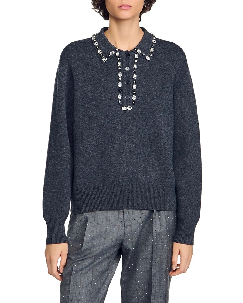 Antonia Embellished Polo Collar Sweater by Sandro